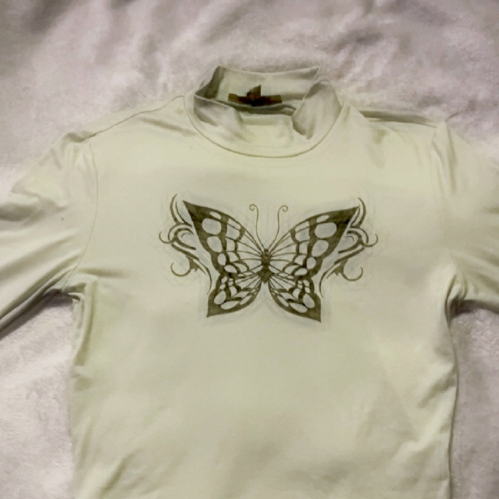 Social Scene butterfly print alternative tight fitting cropped long sleeve